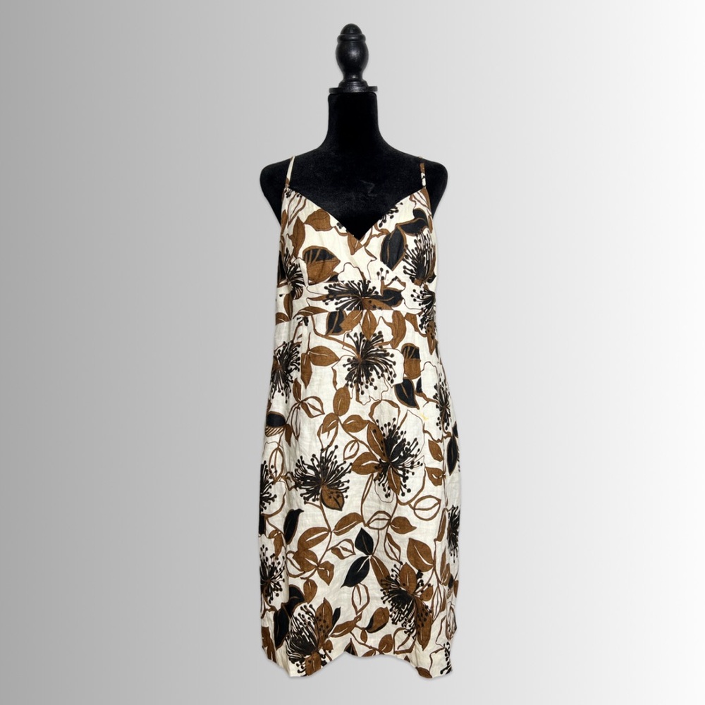 Muse 100% Linen V-Neck Spaghetti Strap Open Back Dress, Floral Design, Size 14 - Picture 1 of 7